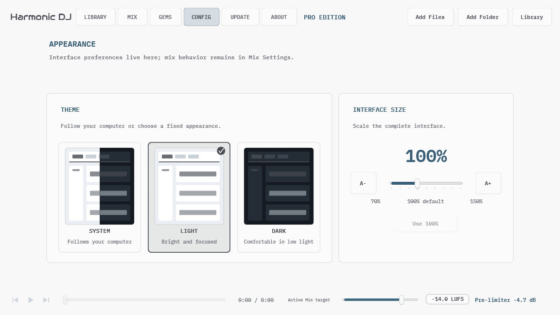 Harmonic DJ Config workspace with theme and interface size controls