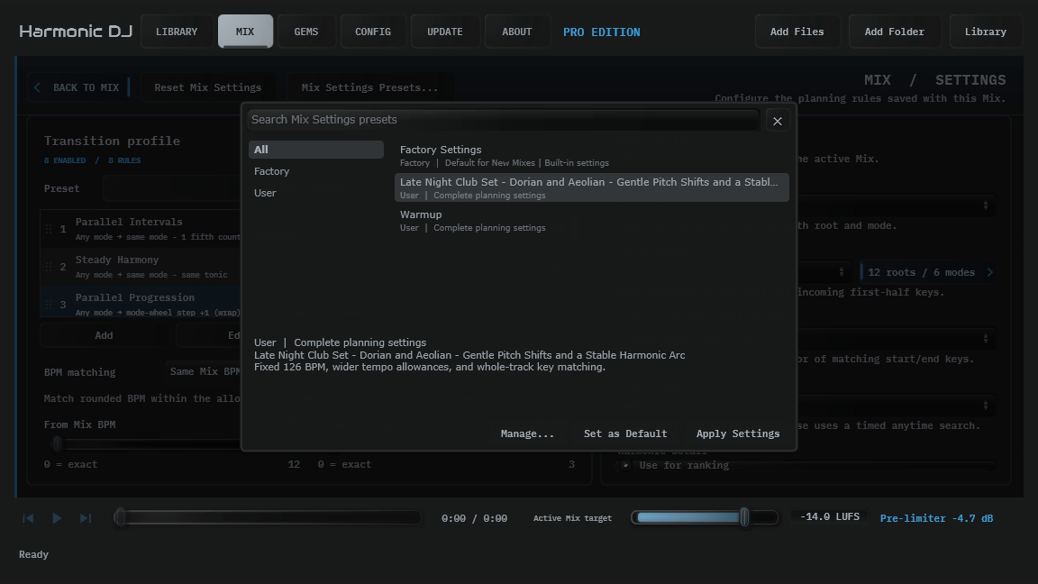 Harmonic DJ Mix Settings Presets with Apply Settings and Set as Default controls